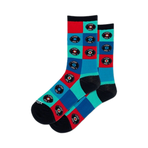 Pair of crew socks in teal, red, and blue featuring a checkered pattern with retro vinyl records.