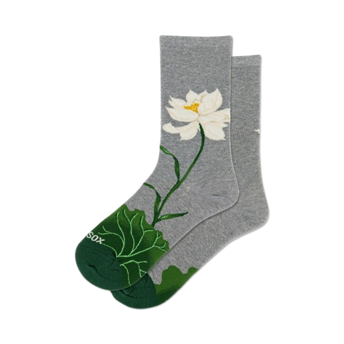 gray women's crew socks with white lotus flower pattern.   }}