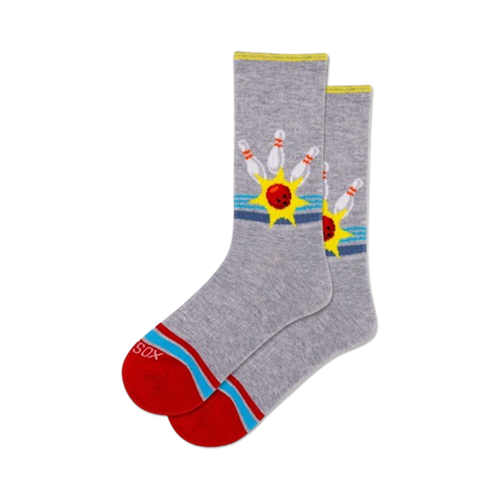 Pair of grey crew socks with a retro bowling design. Features red, yellow, and blue accents and a bowling ball and pins graphic. }}