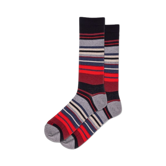 Pair of crew socks in grey, navy, and red horizontal stripes.  The stripes are thick and multicolored, creating a bold look. }}