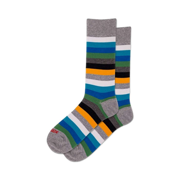 Pair of gray ombre stripe crew socks. Features horizontal stripes in shades of gray, teal, and orange.