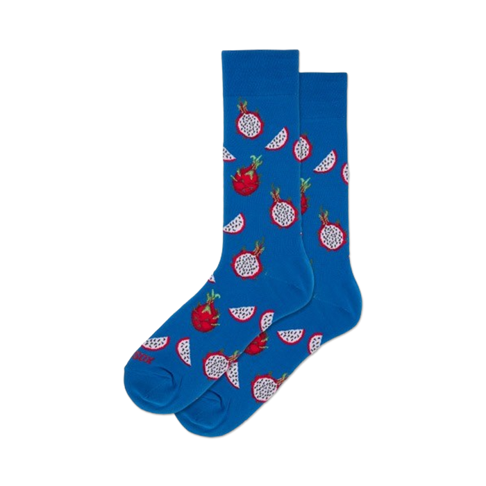 Pair of blue crew socks with a whimsical pattern of red and white dragon fruit. A fun, tropical design! }}