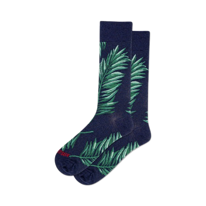 dark blue crew socks with palm leaf pattern for men.   }}