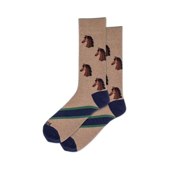 Pair of tan crew socks featuring repeated brown horse head illustrations and navy blue stripes near the bottom. }}