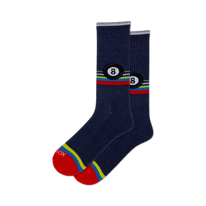 Pair of navy blue crew socks featuring a colorful retro stripe and a repeated 8-ball design. }}