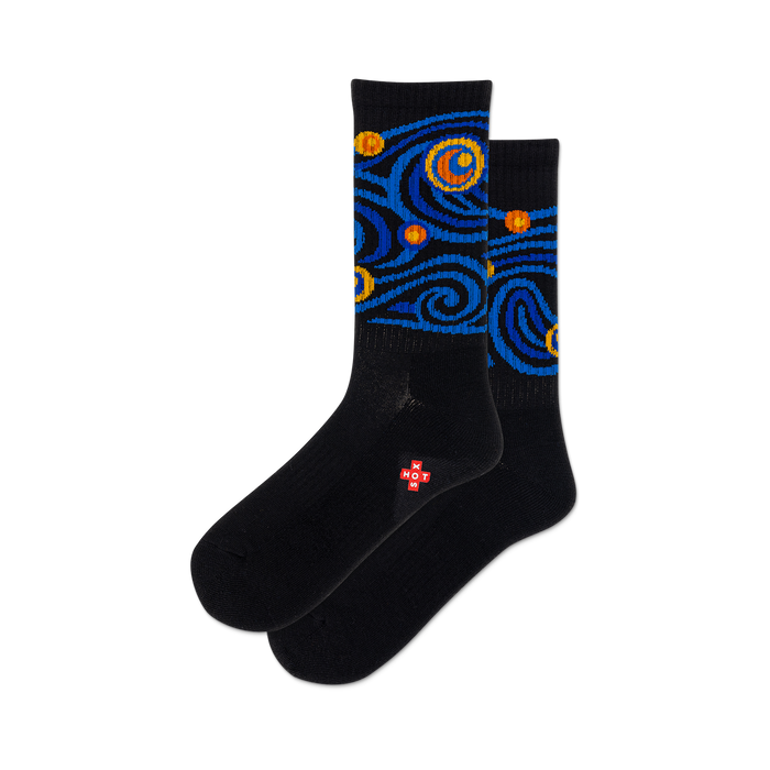 Pair of black crew socks with a blue and orange 'Starry Night' design. The socks have a small red logo on the bottom. }}
