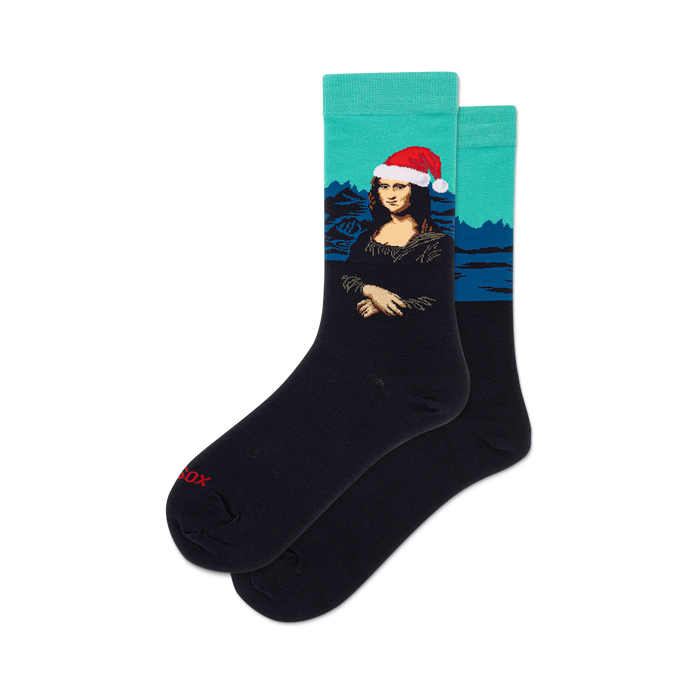 Pair of crew socks; teal, navy, and red; Mona Lisa wearing a Santa hat. }}