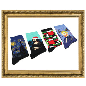 Four pairs of art-themed socks displayed in a gold frame; includes Mondrian, Mona Lisa, Starry Night, and a self-portrait of Van Gogh.
