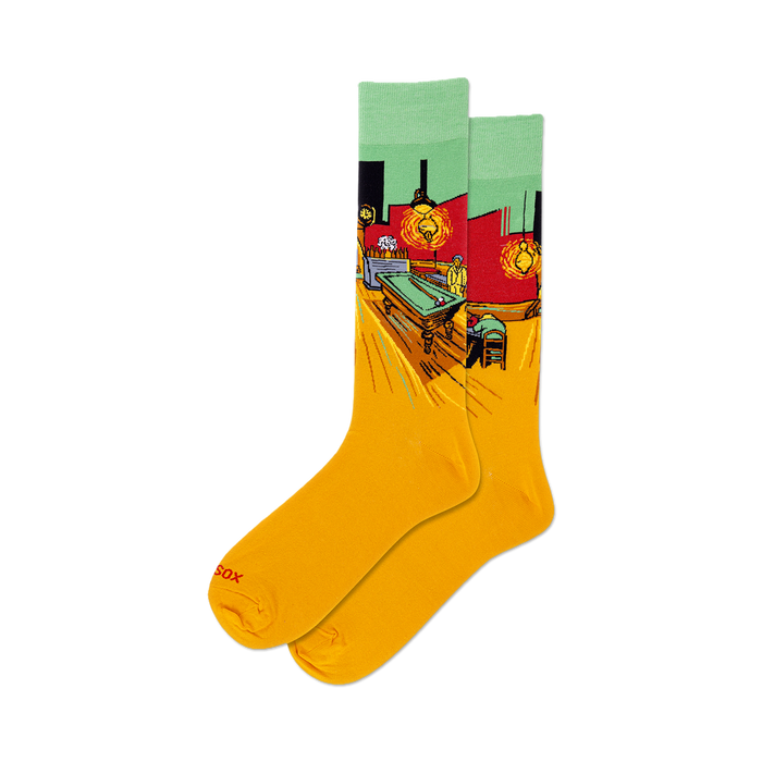 Pair of yellow crew socks depicting Van Gogh's 'Night Café'. Features a billiard table, players, and the artist's signature impasto style. }}