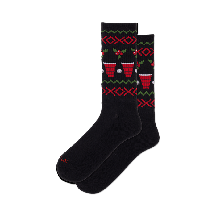 Pair of black crew socks with a red, green, and white beer pong pattern. Features red solo cups and ping pong balls. }}