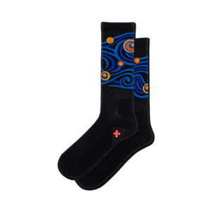 Pair of black crew socks with a blue, yellow, and orange Van Gogh 'Starry Night' inspired design.