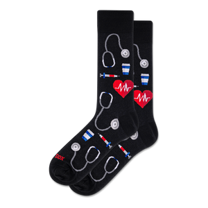 Pair of black crew socks with a repeating pattern of white outline stethoscopes, red EKG hearts, syringes, and coffee cups.
