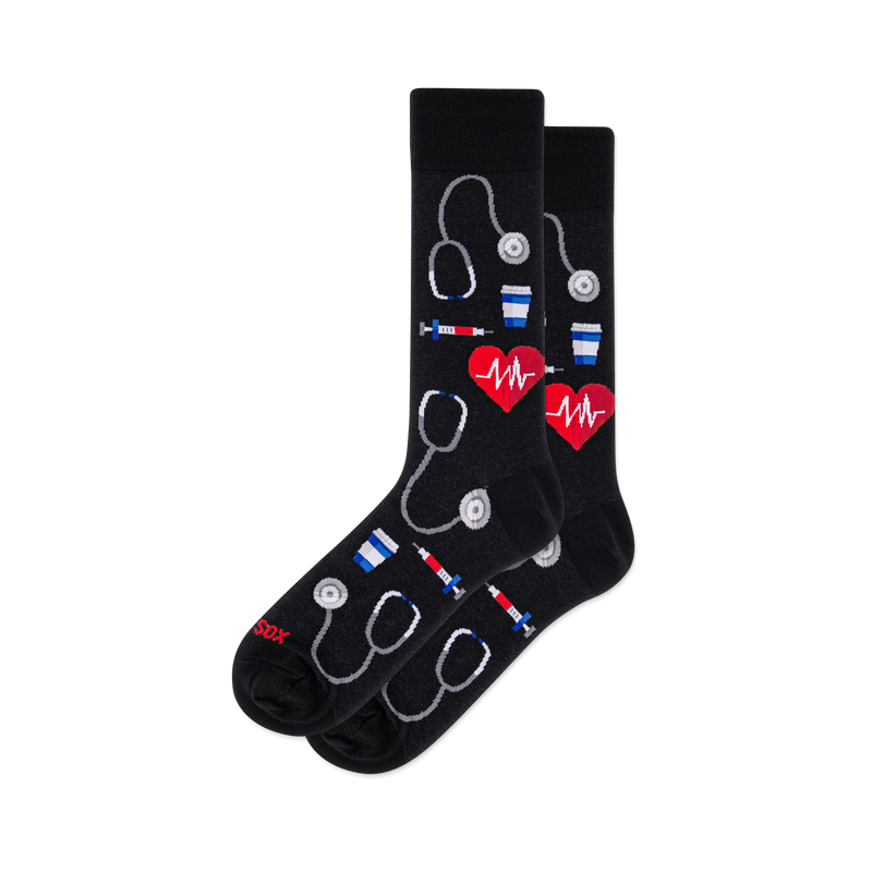 Black crew socks with a medical pattern of grey stethoscopes, red EKG hearts, colorful syringes, and blue and white cups.