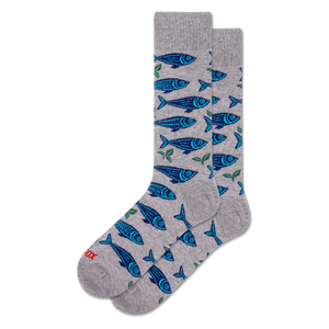 Pair of grey crew socks with an all-over pattern of blue sardines and small green leaves, displayed on a white background.