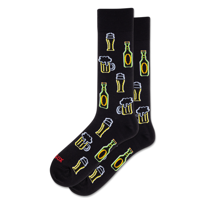 Black crew socks with a repeating pattern of white-outlined neon-style beer bottles, frothy mugs, and tall glasses in yellow and green. }}