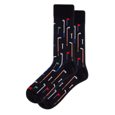 Pair of black crew socks with an all-over golf pattern. Features white, blue, brown golf clubs, white tees, and red/green/blue flags.