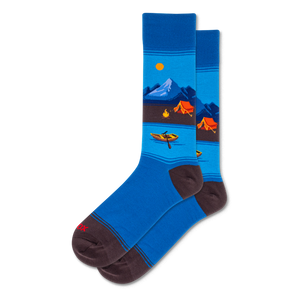 Pair of crew socks with a scenic blue mountain lake, orange tents, canoe, and sun pattern. Dark brown cuffs, heels, and toes.
