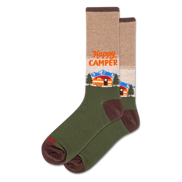 Crew socks with a tan upper, olive green lower, and brown accents. Design features