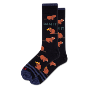 Pair of black crew socks with brown cartoon beavers, some holding yellow logs, and green