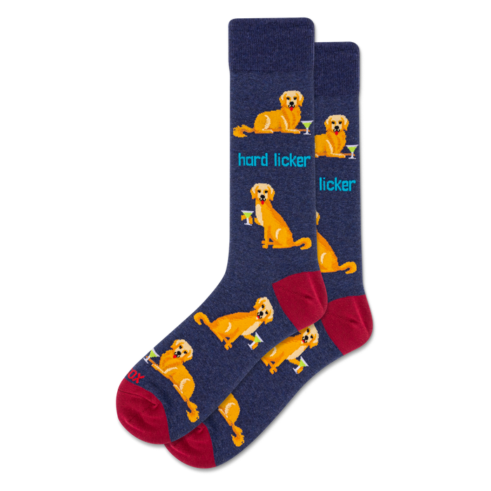 A pair of navy crew socks with a repeating pattern of golden retrievers and green martini glasses. Reddish-brown toes and heels.