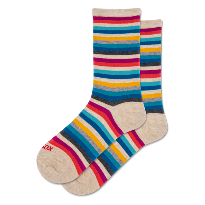 Pair of crew socks with horizontal stripes in magenta, yellow, red, blue, and dark gray on a light beige background. }}