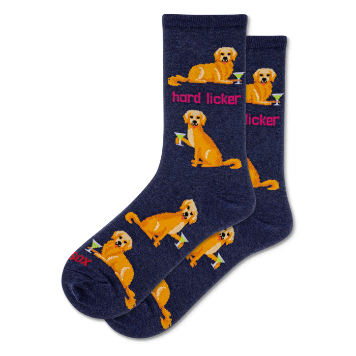 Pair of navy blue crew socks with golden retriever dogs holding martini glasses and pink 'hard licker' text. }}