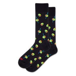 A pair of black crew socks with a repeating pattern of green olives, red pimentos, and blue cocktail picks.