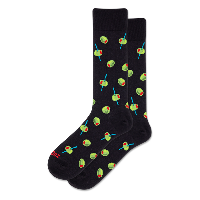 A pair of black crew socks with a repeating pattern of green olives, red pimentos, and blue cocktail picks.