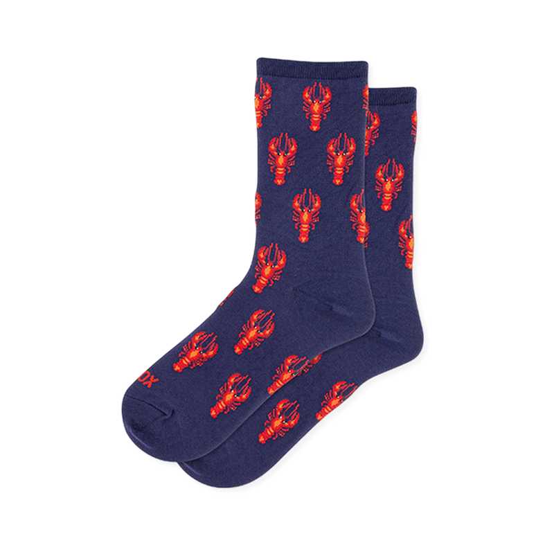Navy blue crew socks covered in a neat, repeating pattern of bright red lobsters, complete with solid navy cuffs and toes.