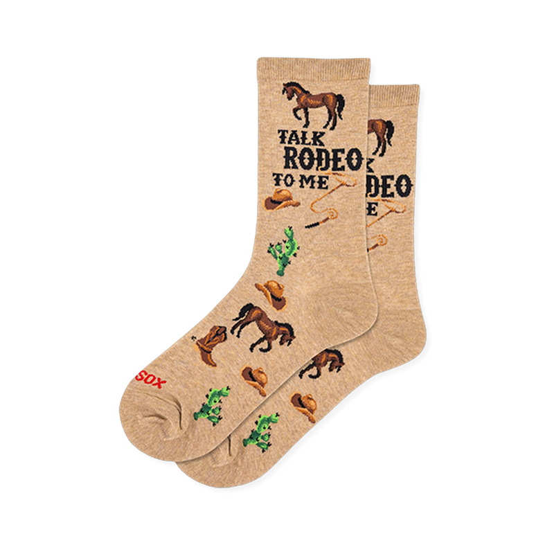 Tan crew socks with the text TALK RODEO TO ME, patterned with brown horses, cowboy hats, lassos, and green cacti.
