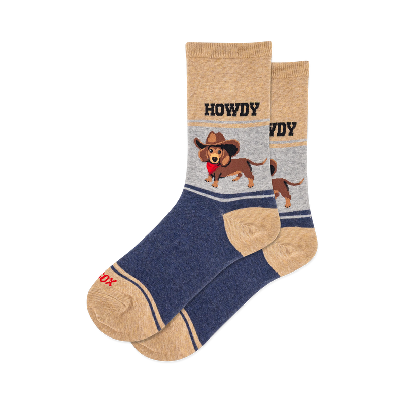 Howdy socks: tan, grey, and navy blue with a charming dachshund wearing a cowboy hat and red bandana.