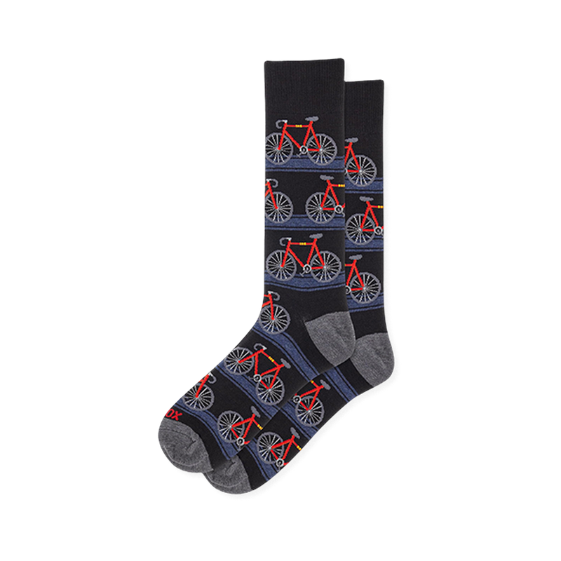 Black socks showing a pattern of red road bikes with grey wheels on horizontal blue stripes, finished with grey heel and toe.