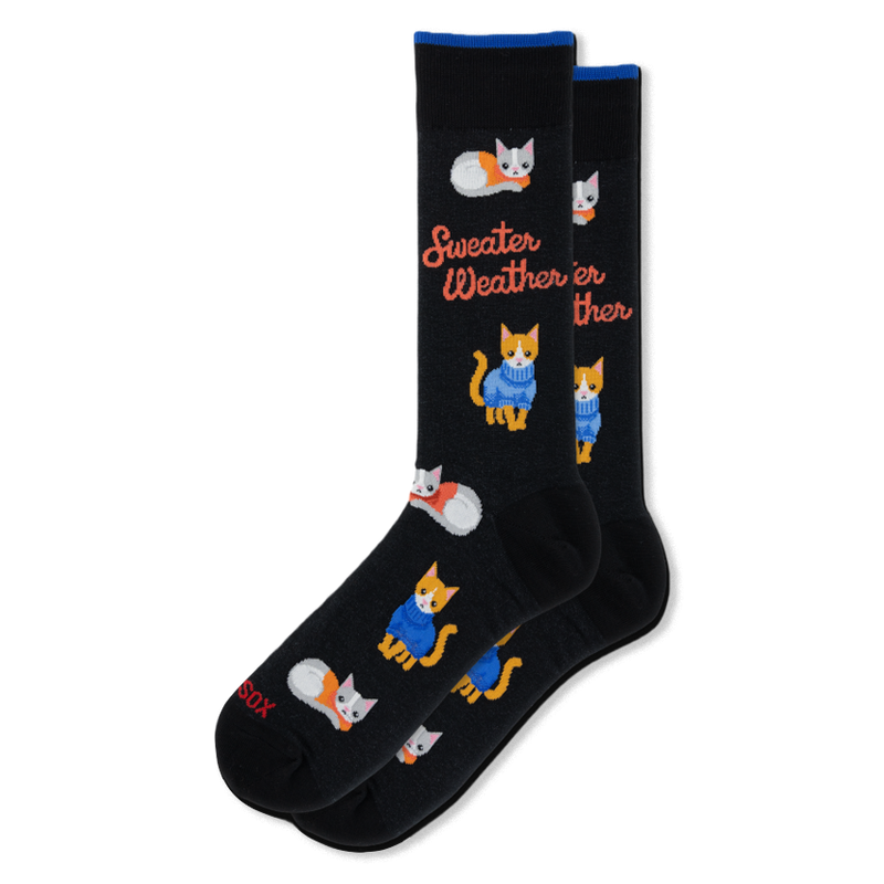 Black crew socks showing orange and grey cats wearing blue and orange sweaters, with cursive Sweater Weather text.