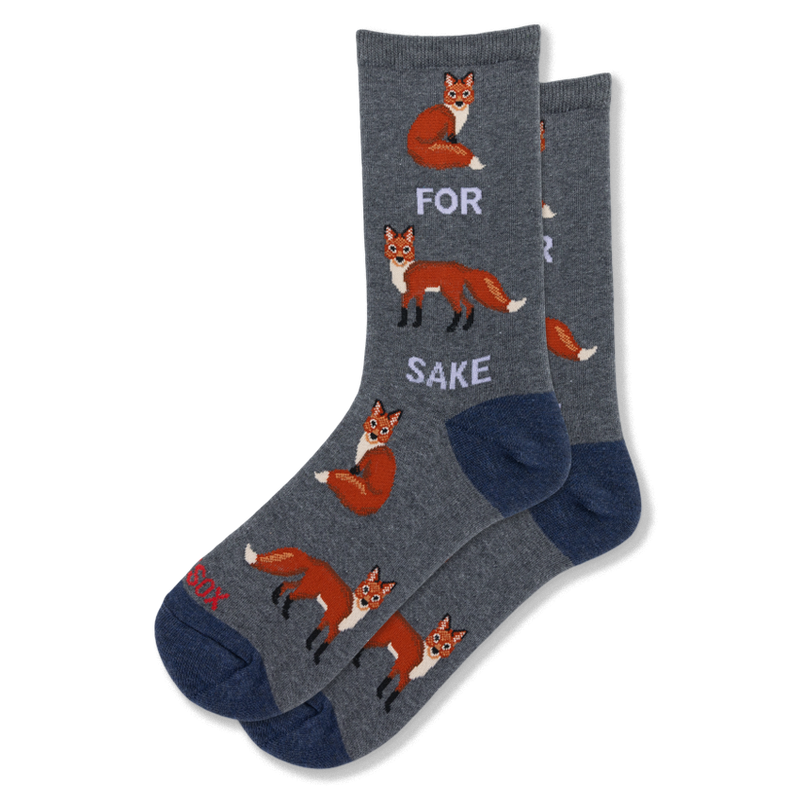 Heather gray crew socks with navy blue heel and toe. The pattern shows orange foxes with text reading FOR SAKE around a fox.