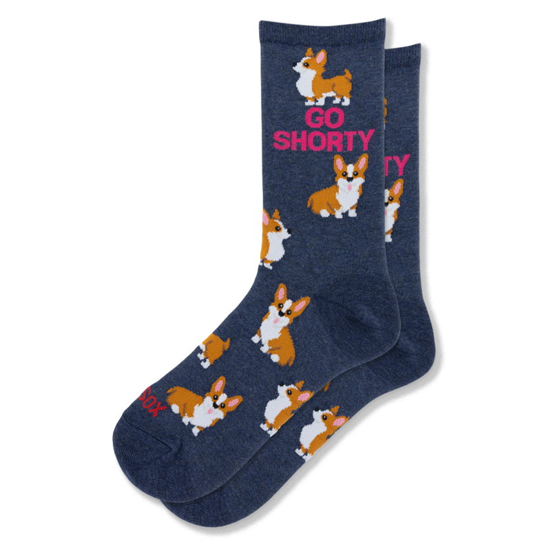 Heather navy crew socks featuring a pattern of tan and white corgi dogs and the phrase GO SHORTY in bright pink text.