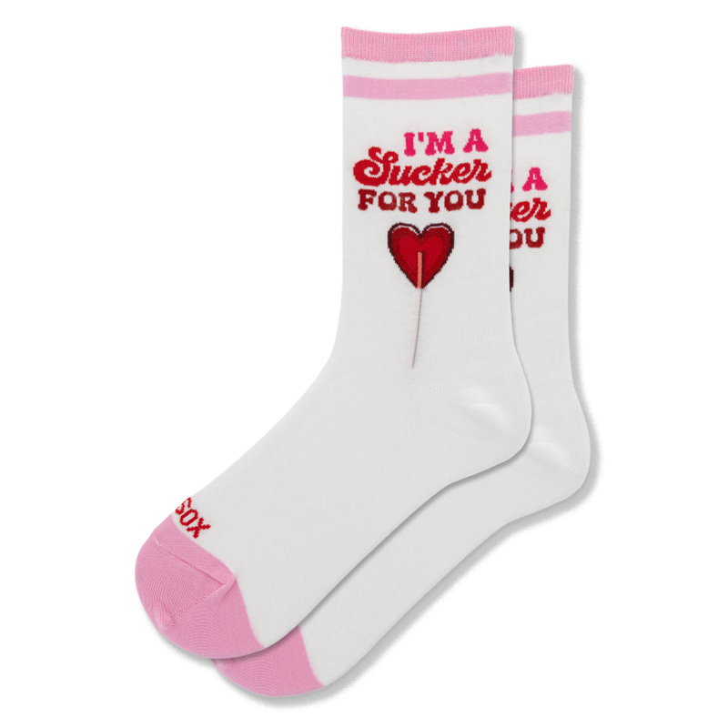 White crew socks with pink toes and stripes. The leg features the text I'M A Sucker FOR YOU above a red heart lollipop.