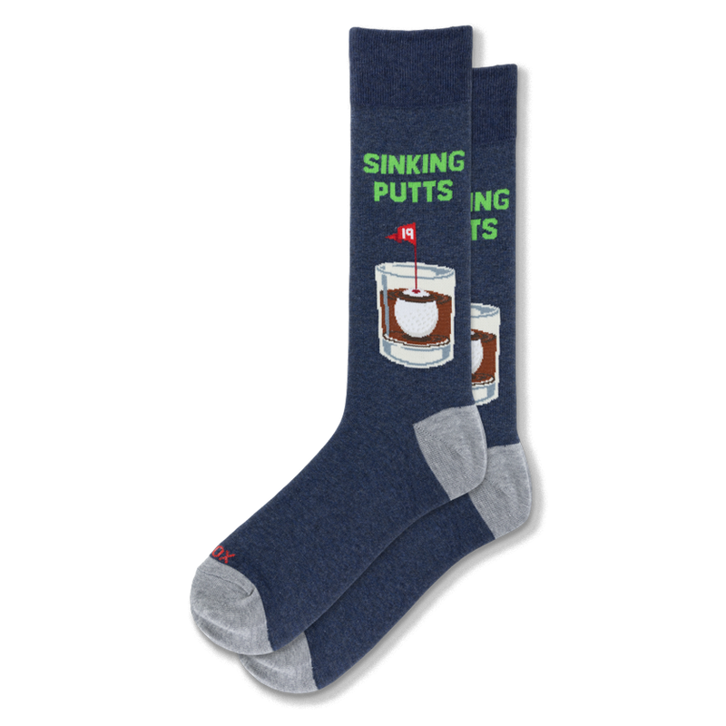Navy blue crew socks with grey heels and toes. Design shows liquor, a golf ball ice cube with a 19 flag, and green text.
