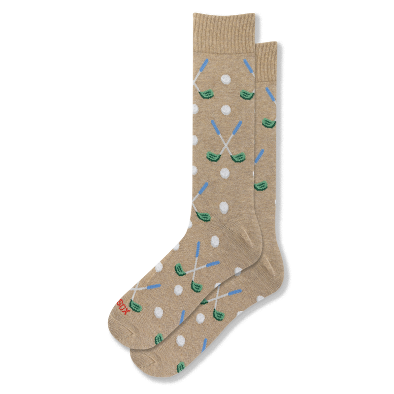 Beige crew socks featuring a repeating pattern of white golf balls and crossed golf clubs with blue handles and green heads.
