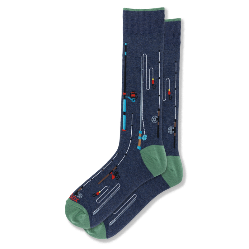 Navy blue crew socks with green trim featuring a pattern of tall fishing rods, winding lines, hooks, and colorful bobbers.