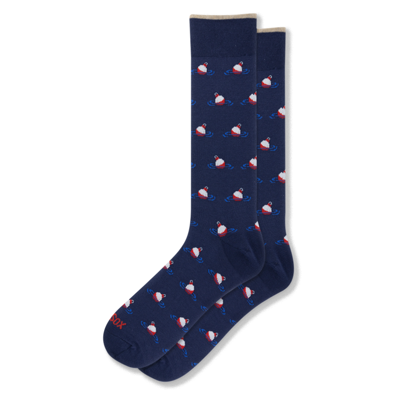 Navy blue crew socks featuring a repeating pattern of red and white fishing bobbers floating in small blue water ripples.