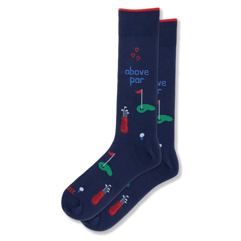 Navy blue crew socks featuring red golf bags, putting greens, golf balls, red hearts, and the text above par in blue.