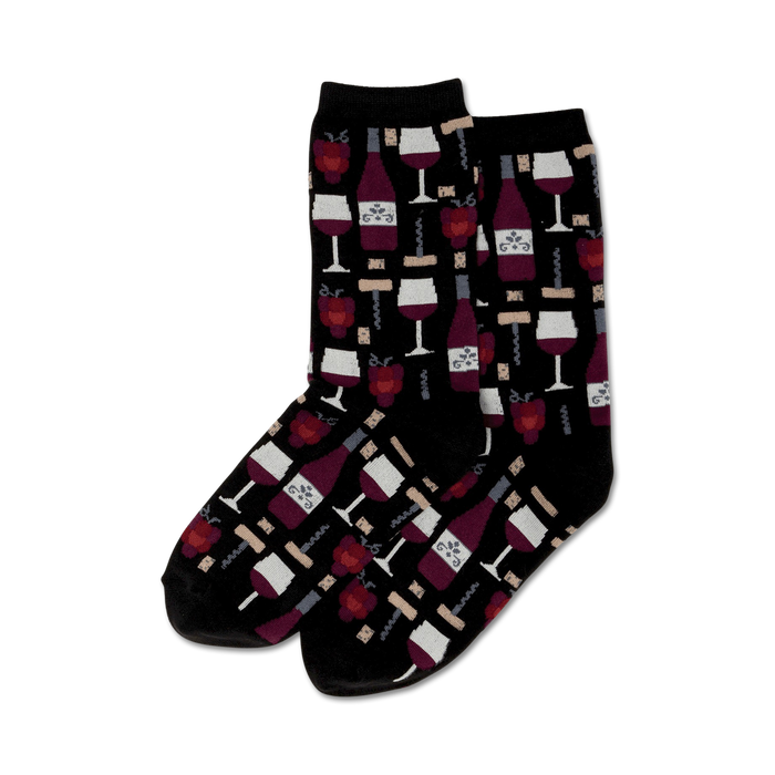 black women's crew socks with a pattern of wine bottles, corkscrews, and wine glasses.   