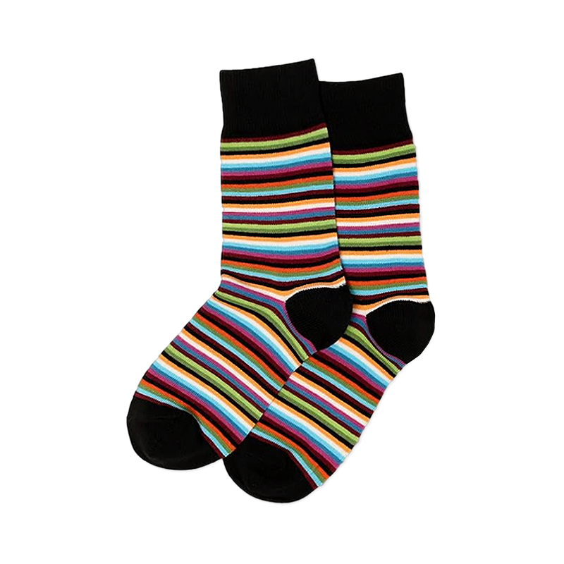 Striped crew socks featuring thin horizontal lines in vibrant retro colors, complete with solid black heels and cuffs.