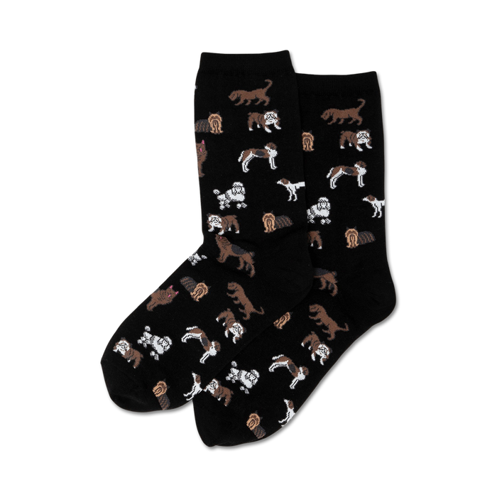 Pair of crew socks, black background, with a repeating pattern of various brown and white dogs.