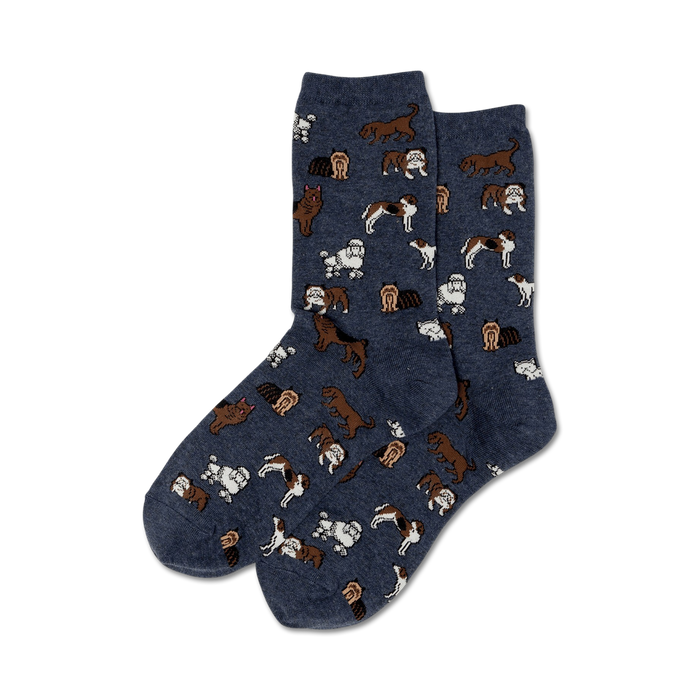 Pair of navy blue crew socks with a repeating pattern of various brown and white dogs.