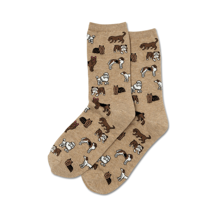 Pair of beige crew socks with a repeating pattern of various brown and white dogs.