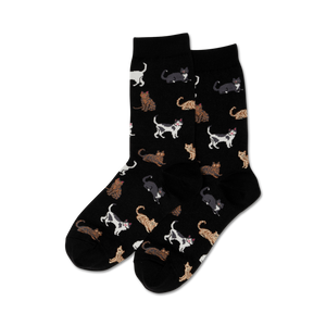 Pair of black crew socks with a pattern of various cats in white, brown, and gray.