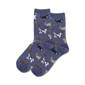 Pair of navy crew socks with a pattern of various cats in white, brown, and black.