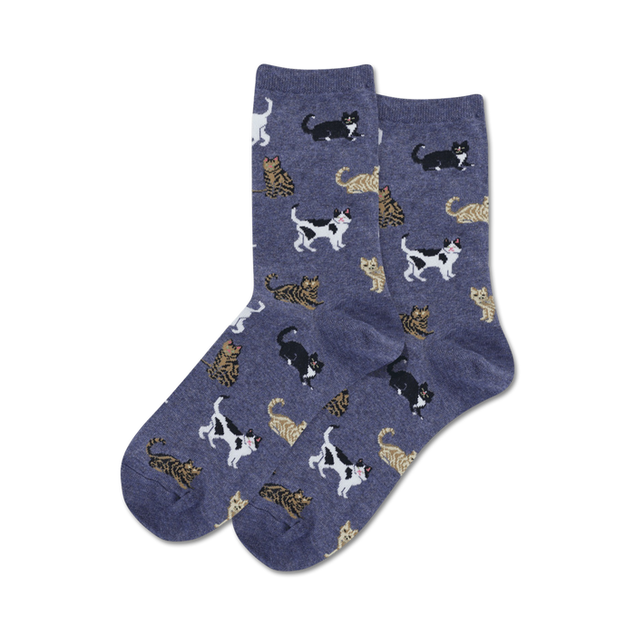 Pair of navy crew socks with a pattern of various cats in white, brown, and black.