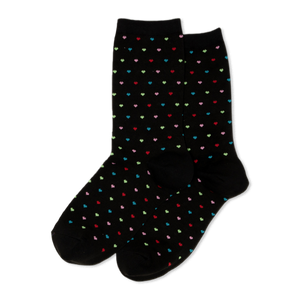 Pair of black crew socks with a repeating pattern of small, colorful pindot hearts in red, green, blue, and pink.
